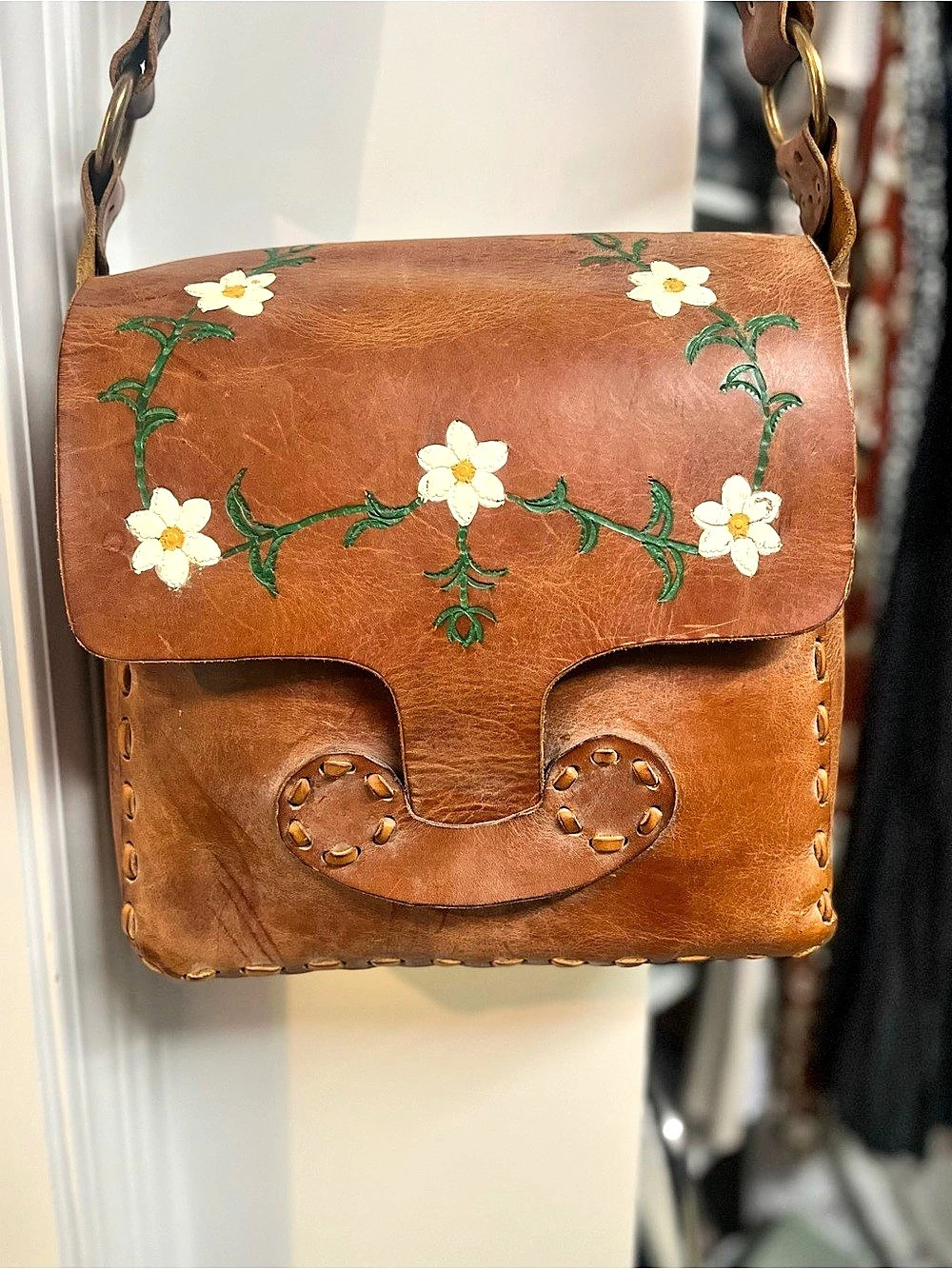 Stamped Vintage 70s era
 Floral Shoulder Bag Brown & Green
